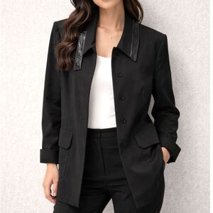 Akris Punto Black Wool Jacket Size 10 Minimalist Patent Trim Blazer